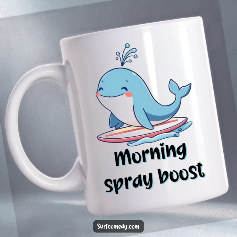 Funny smiling whale character on a surfboard, joyfully spouting water like a fountain, conveying happiness and surf vibes.