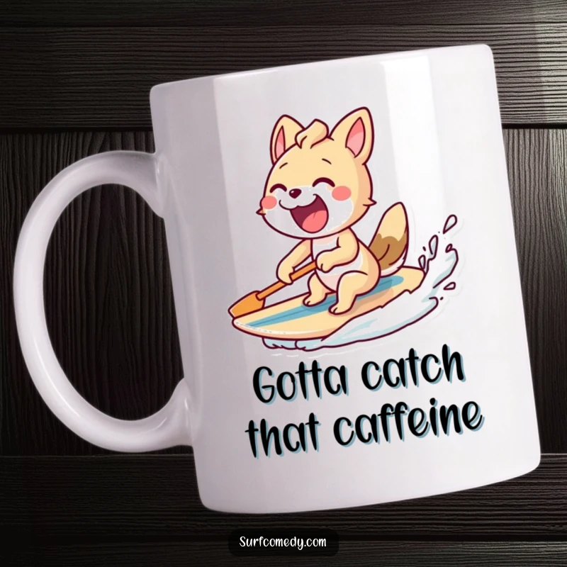 Funny mug showing an excited animal character paddling furiously with a surfboard trailing behind, capturing eagerness and speed.