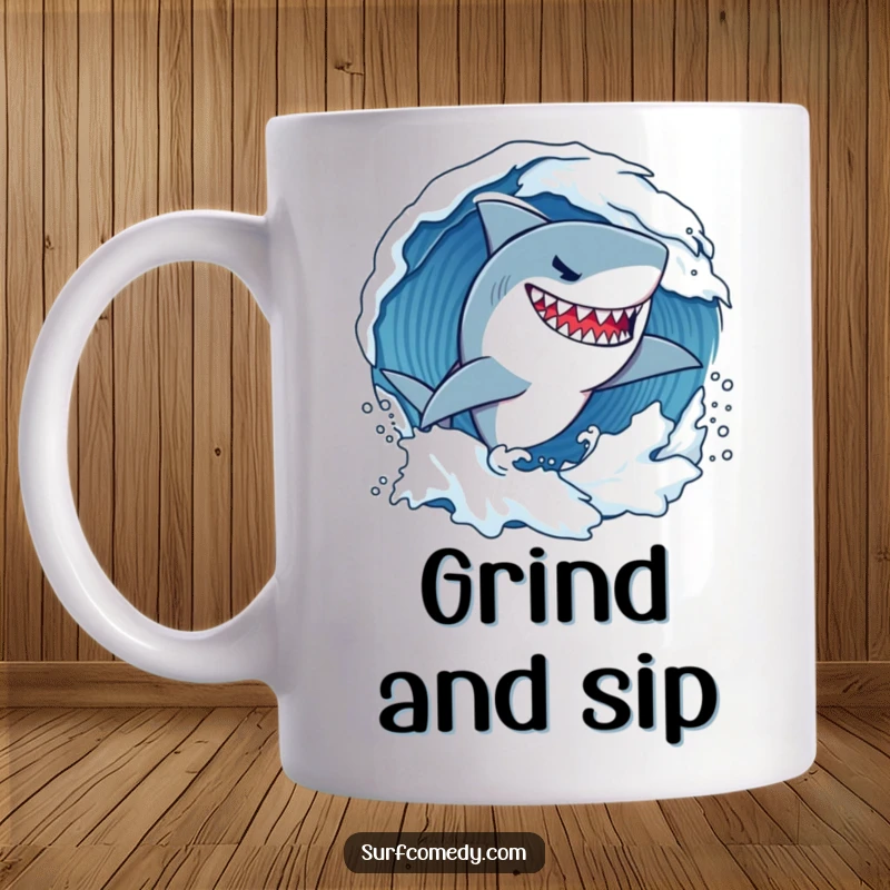 Funny determined shark character fiercely carving through a wave with a confident grin, embodying power and ocean thrill.