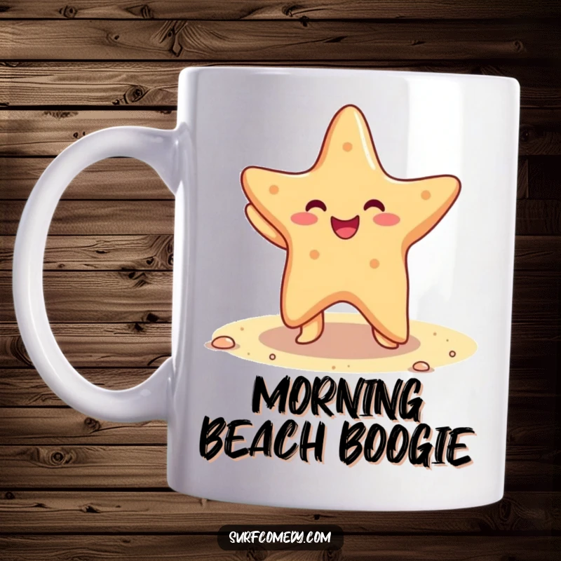 Funny mug with a cheerful kawaii starfish doing a lively dance on a sandy beach.