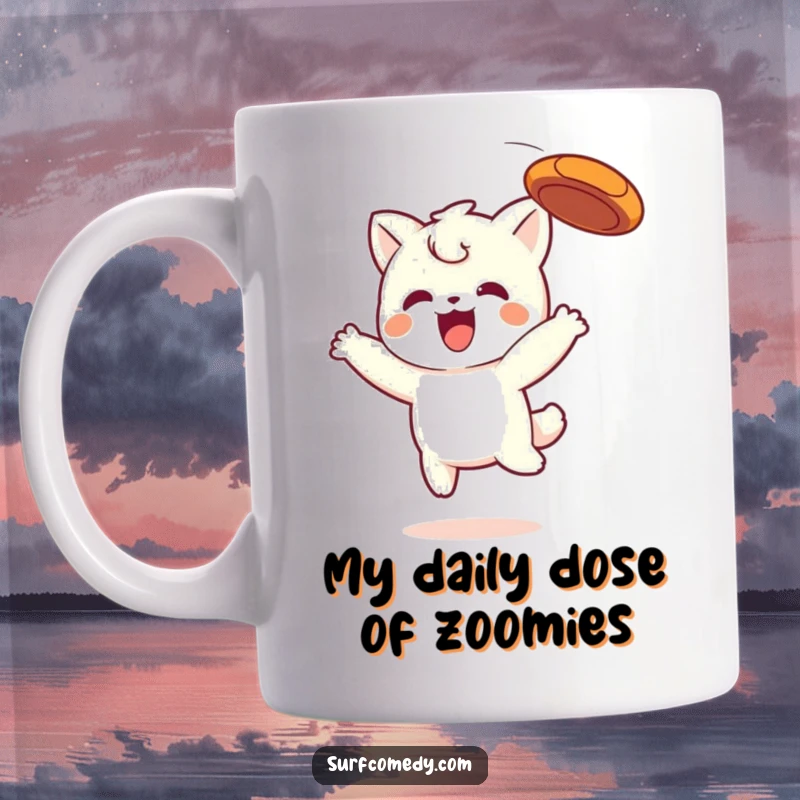 Funny Kawaii mug shows a cute character leaping joyfully to catch a frisbee in mid-air, embodying playful energy.