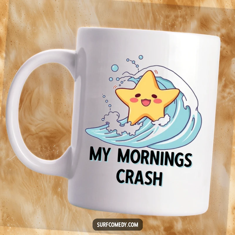 Funny mug featuring a little starfish character experiencing a comical wipeout while tumbling down a stylized ocean wave.