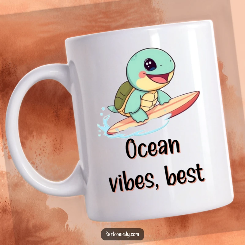 Funny cute sea turtle with a huge grin riding a surfboard on a whimsical mug, ideal for beach lovers.