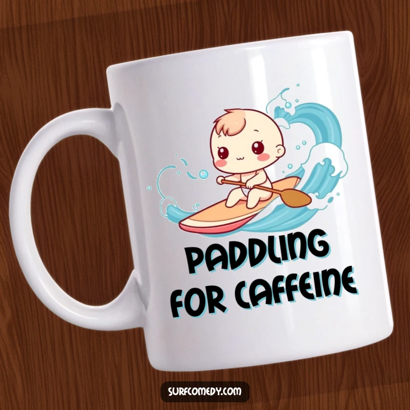 Funny Kawaii character mug showing playful paddling through stylized ocean waves, celebrating a calm and humorous beach journey.