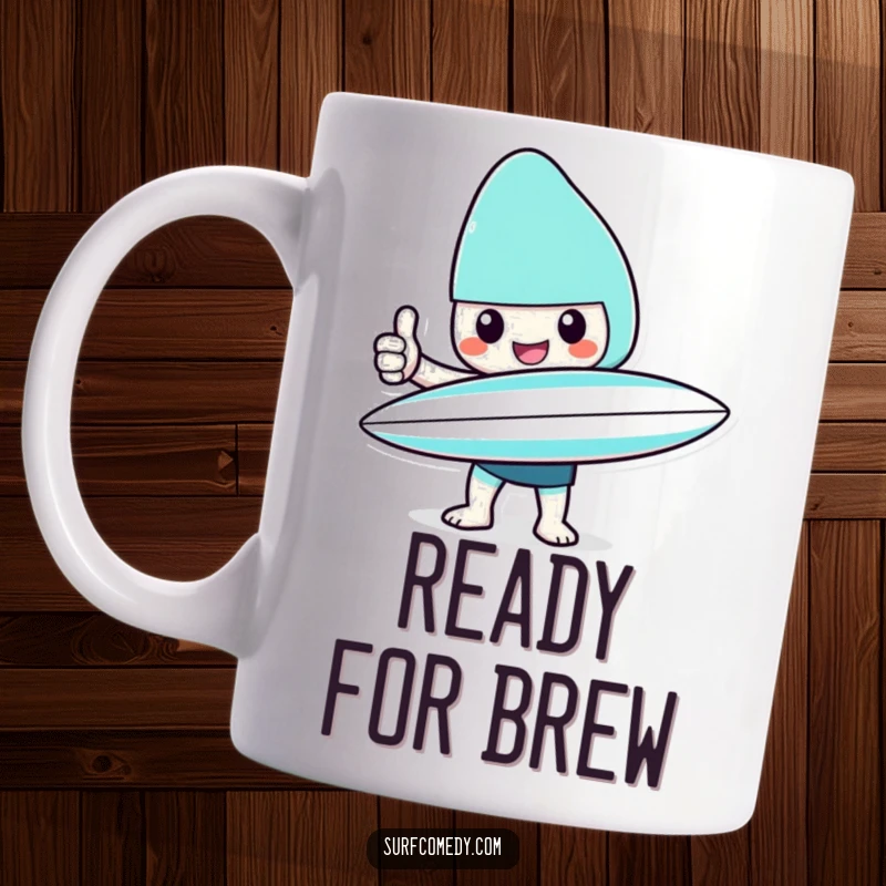 Funny Kawaii character mug with surfboard giving a cheerful thumbs up, embodying readiness and fun for the beach.