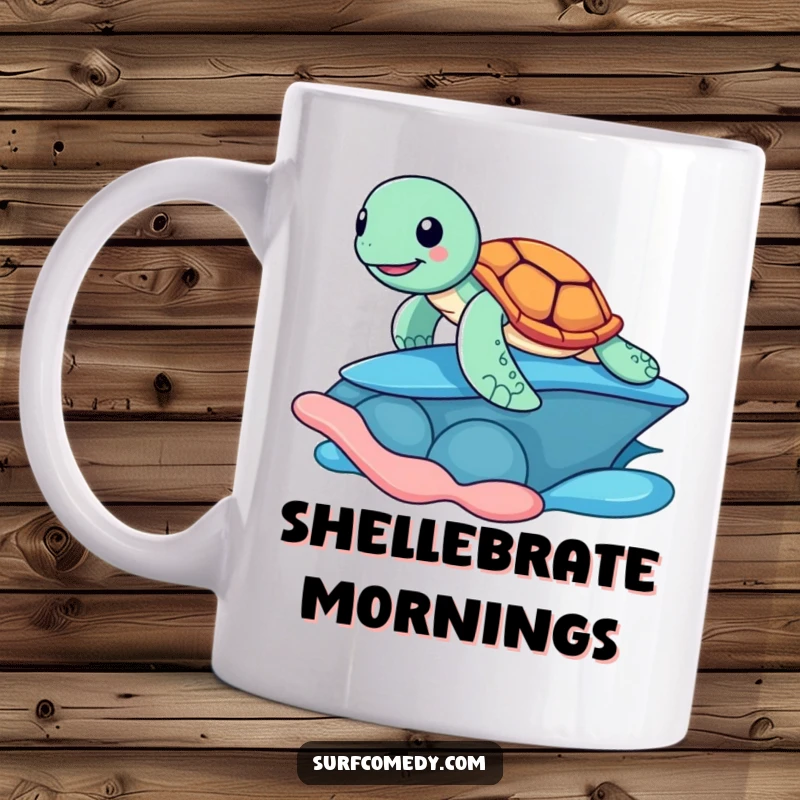 Funny mug featuring a cheerful sea turtle joyfully surfing on a large, colorful shell, embodying beach fun and laid-back vibes.