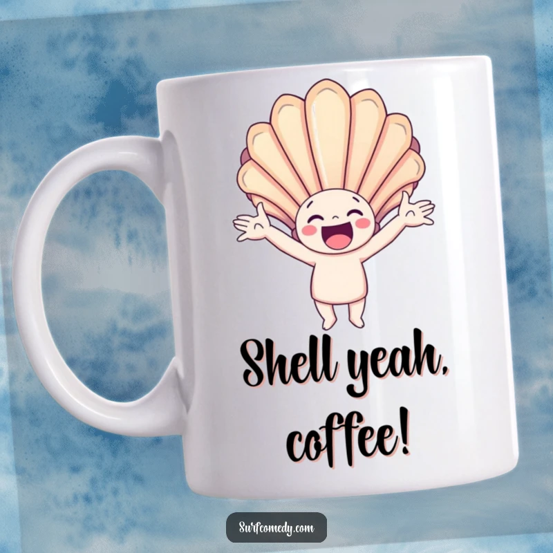Funny mug with a happy character joyfully catching a giant, colorful seashell with arms outstretched, perfect for beach enthusiasts.