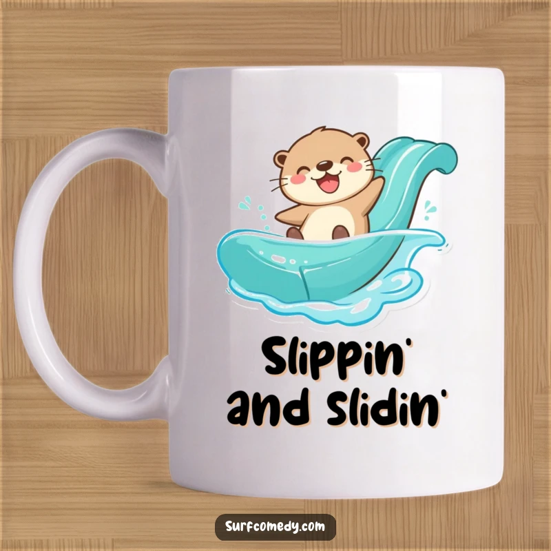 Funny joyful otter character gleefully sliding down a water slide, featured on a mug.