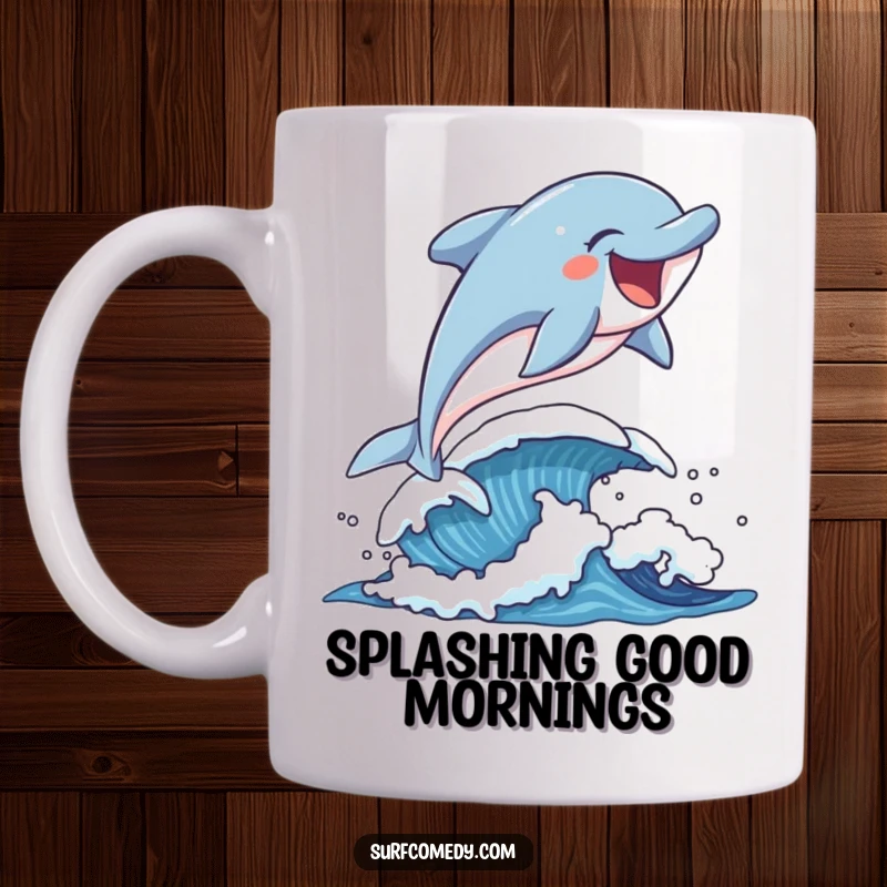 Funny laughing dolphin character leaping joyfully over a playful wave on a vibrant mug.