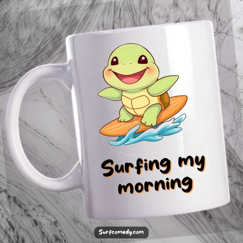 Funny cute sea turtle character with a huge grin, expertly riding a surfboard and catching waves.