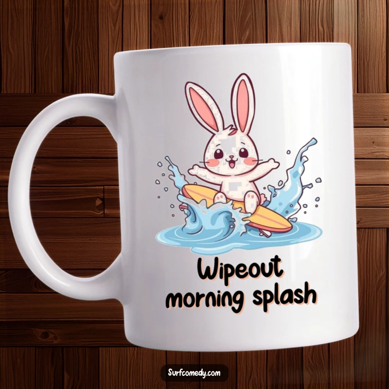 Funny rabbit surfer character comically wiping out in a splash of water on a mug, expressing surprise and aquatic chaos.