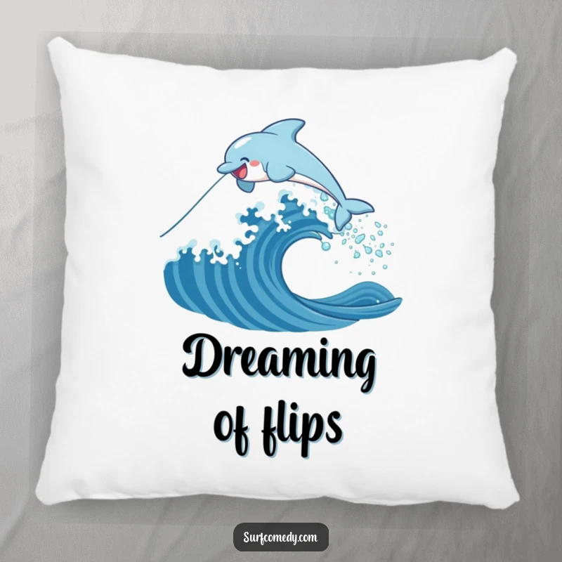 Funny pillow featuring a jubilant dolphin character mid-leap over a stylized ocean wave, adding cozy humor to any room.