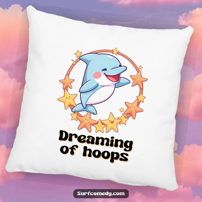 Funny pillow featuring a goofy dolphin jumping through a sea star hoop, adding a playful and humorous touch to home decor.