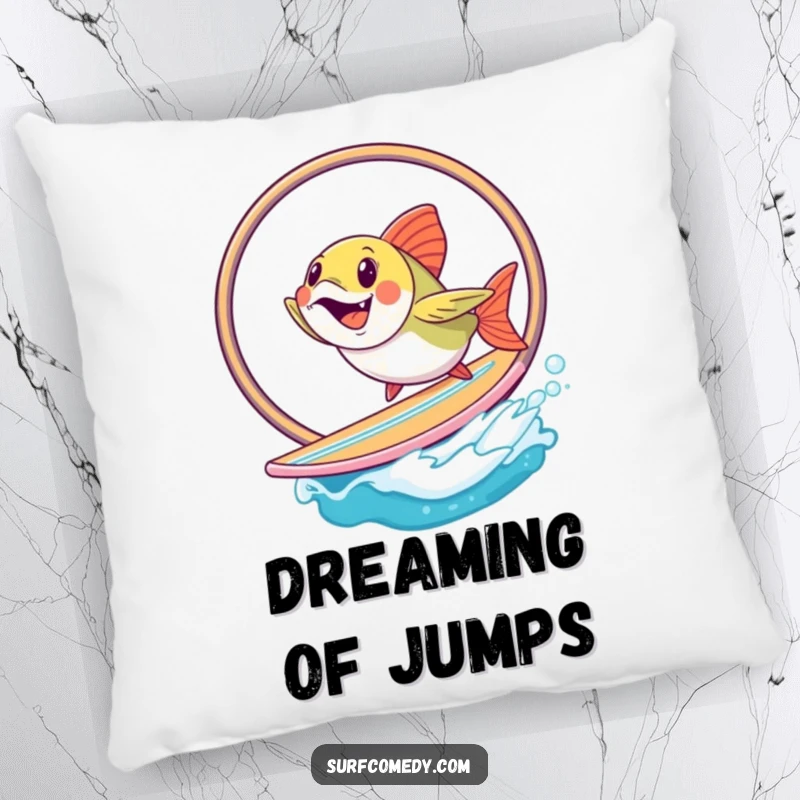 Funny fish character mid-hoop jump on a surfboard, depicted on a soft and humorous decorative pillow. A charming funny gift.