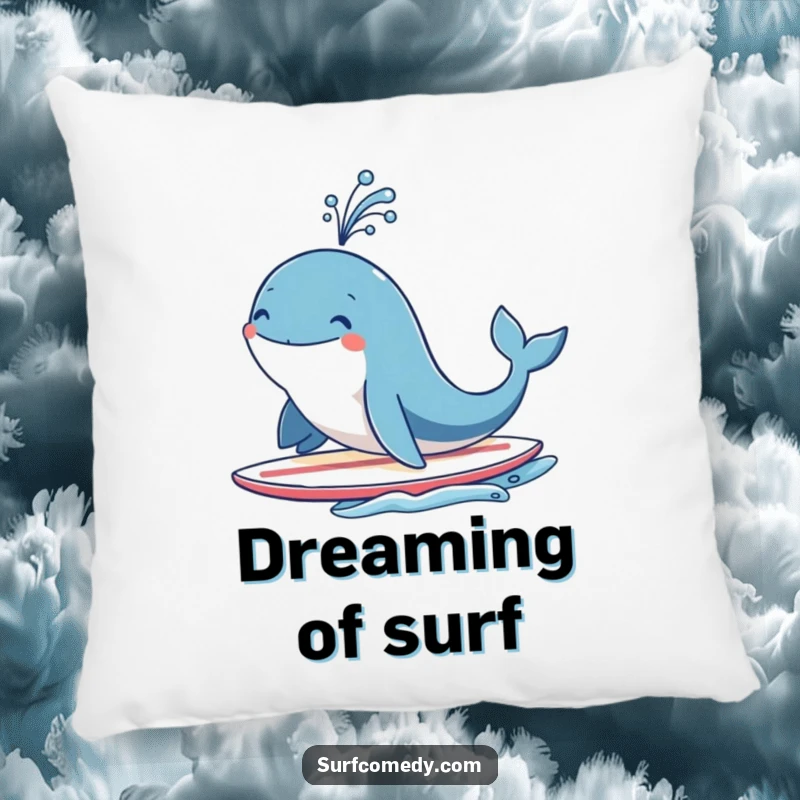 Funny smiling whale character on a surfboard, joyfully spouting water like a fountain, soft and humorous decor for sea lovers.