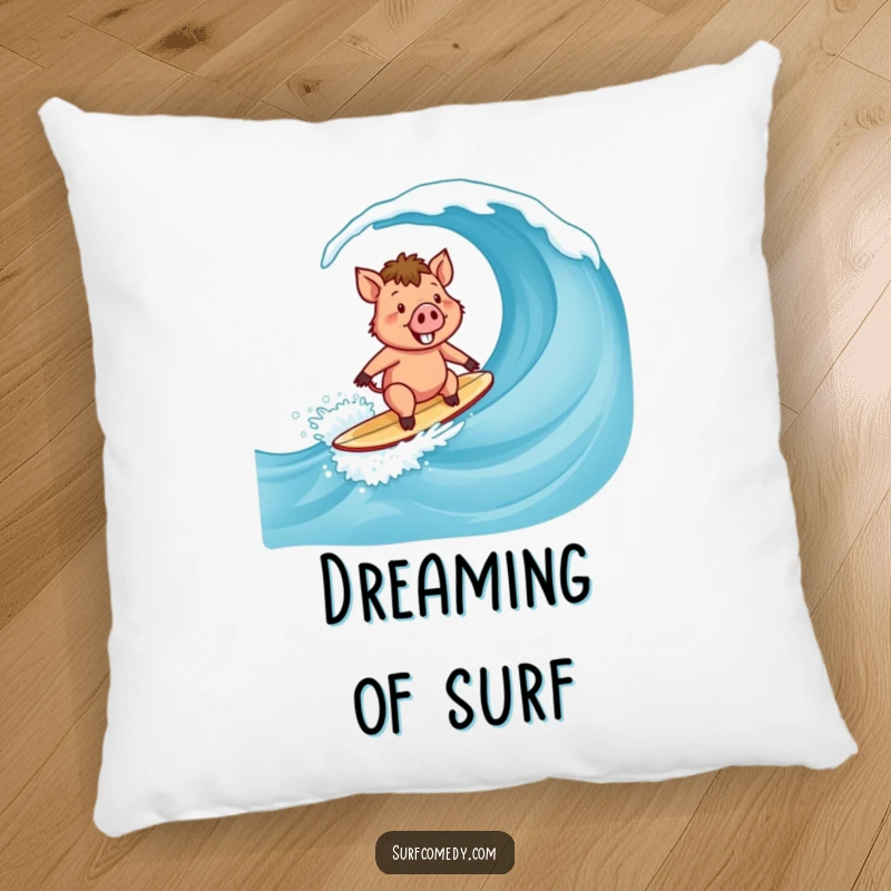 Funny Surfer Boar Pillow: A plush pillow featuring a happy boar character surfing a large wave.