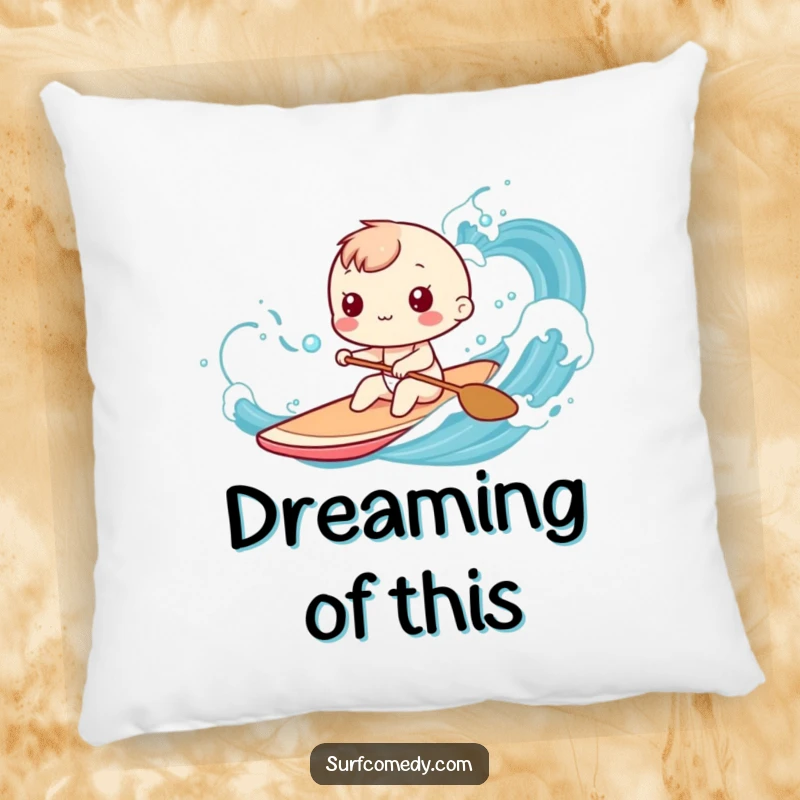 Funny Kawaii character pillow showing playful paddling through stylized ocean waves, a perfect funny gift.