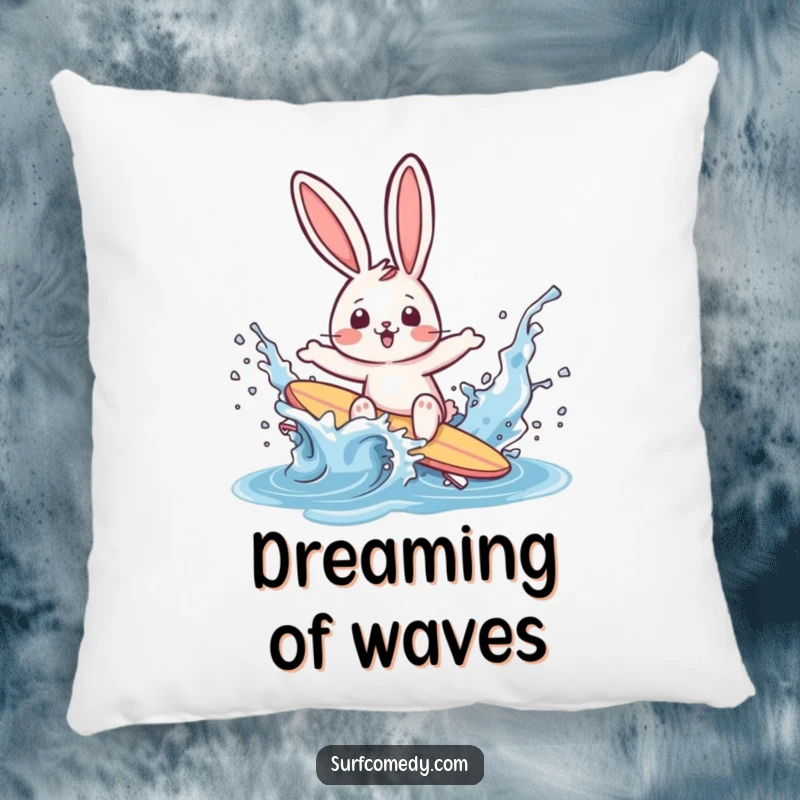 Funny rabbit surfer wiping out in a water splash on a decorative pillow, offering comfort and a humorous display of beach action.