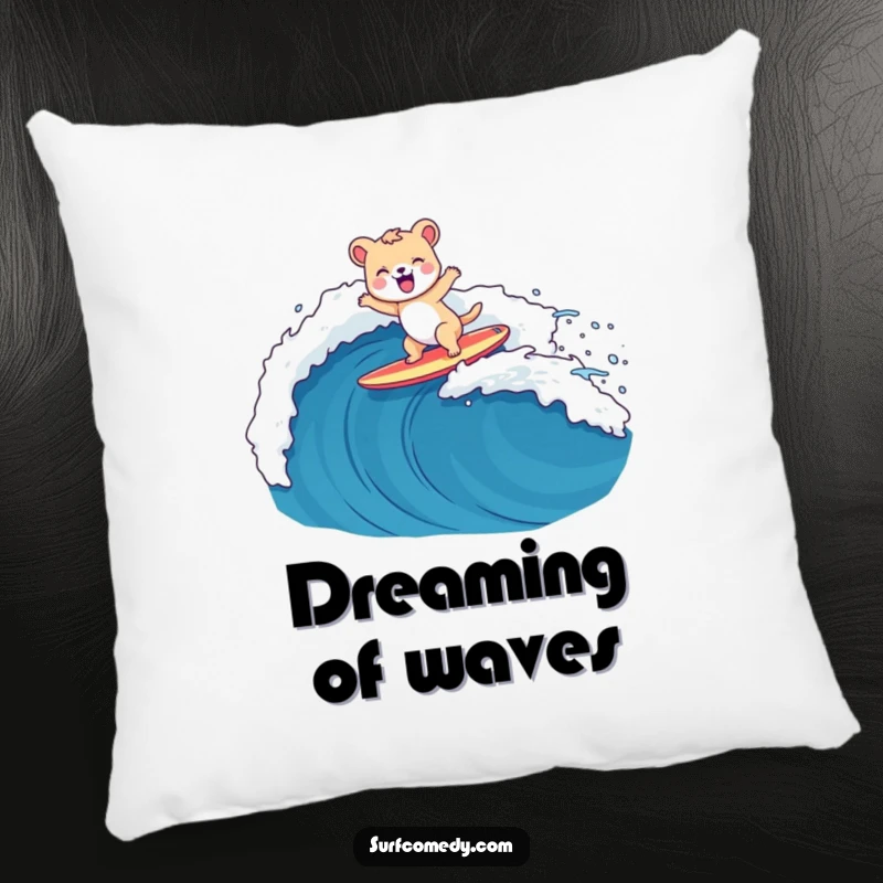 Funny, soft pillow showing a happy animal character surfing a large wave on a surfboard, perfect for lounging.