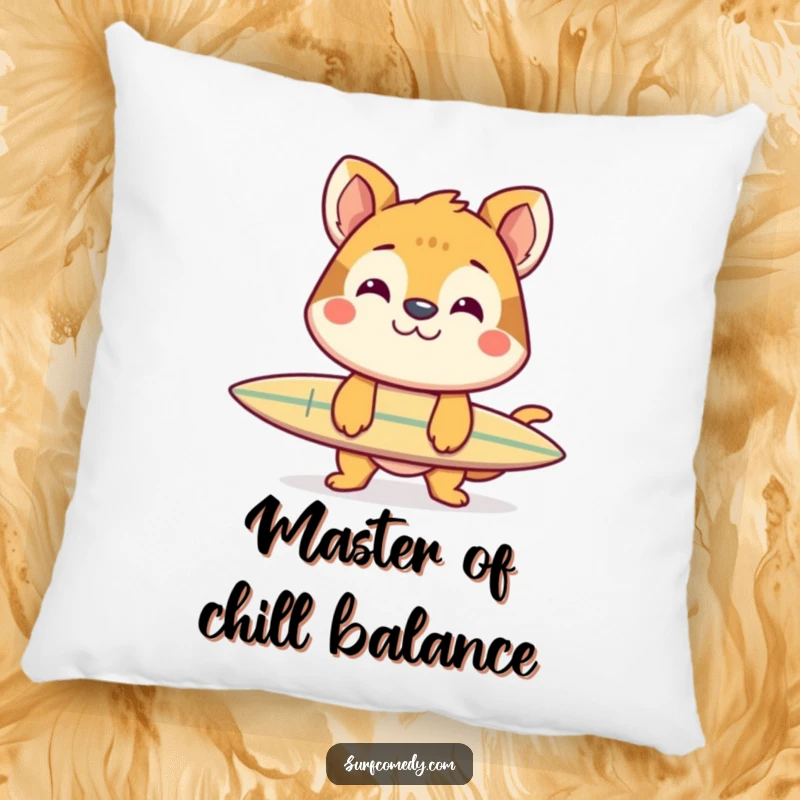Funny pillow showcasing a cheerful animal grinning while balancing a surfboard on its nose, a comfortable and humorous decor piece.