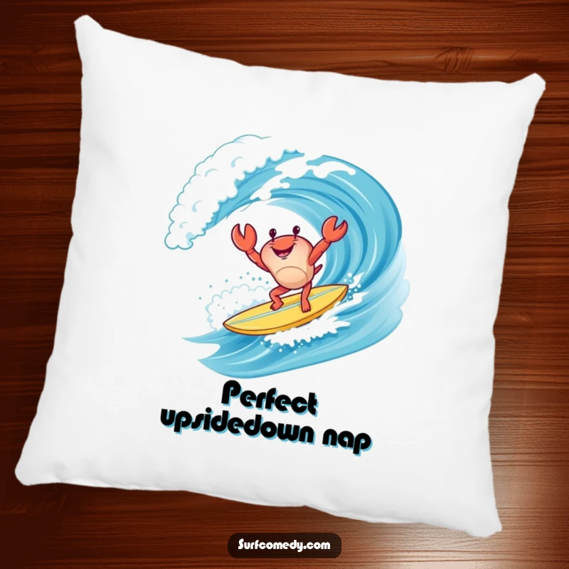 Funny happy crab character doing a handstand on a surfboard while riding a wave, soft and humorous decor for beach lovers.