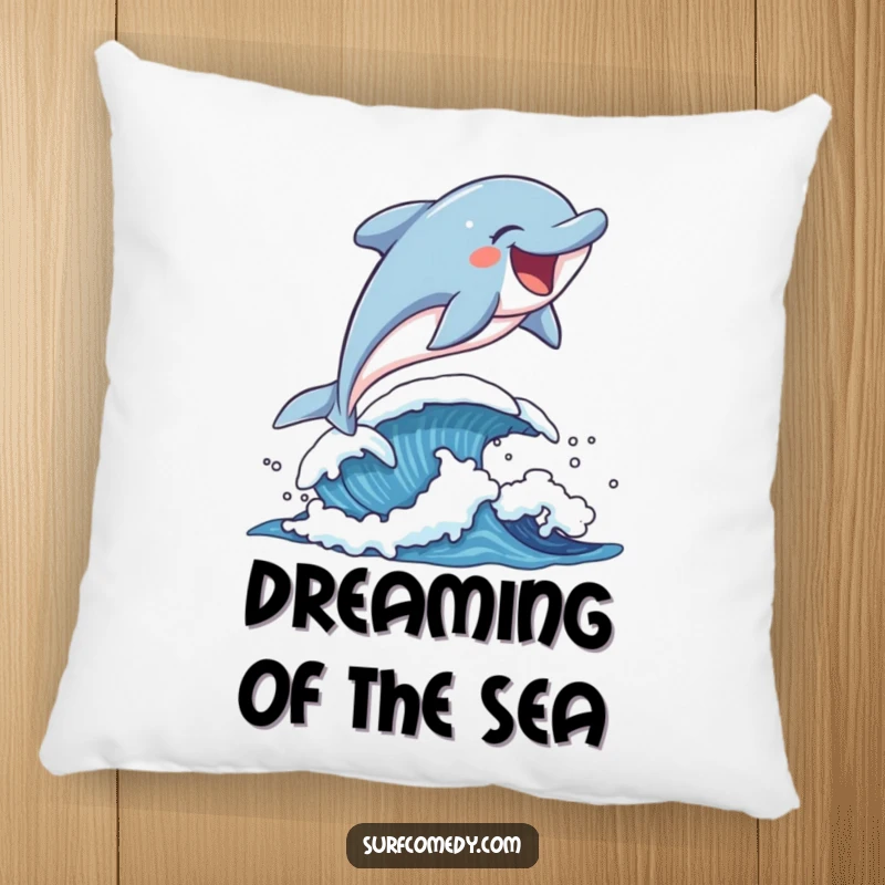 Laughing dolphin character mid-leap over a playful wave, featured on a soft, decorative pillow.