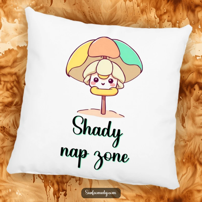 Funny Kawaii character peeking from a beach umbrella, making this pillow a soft and humorous addition.