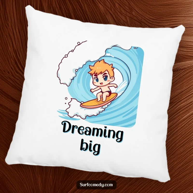 Funny Kawaii character pillow showing determined surfing on a giant wave, a perfect funny gift.