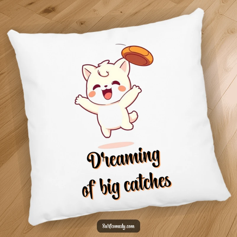 Funny Kawaii pillow featuring a cute character in the exciting moment of catching a frisbee, bringing playful energy.