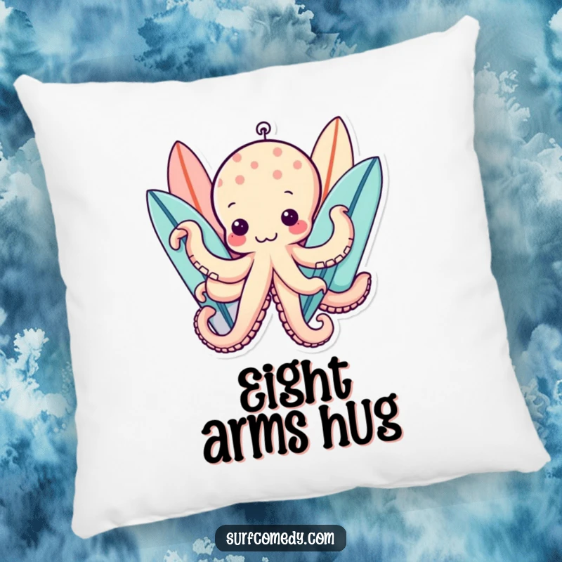 Funny kawaii octopus character holding multiple surfboards, soft and cuddly funny pillow.
