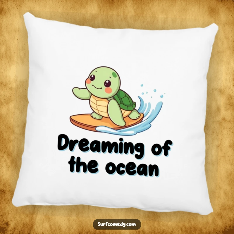 Funny pillow with a cute kawaii sea turtle character happily surfing a gentle wave, symbolizing comfort and beachy dreams.