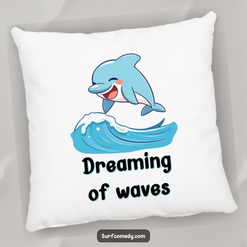 Funny laughing dolphin leaping over a playful ocean wave, on a soft and decorative pillow.