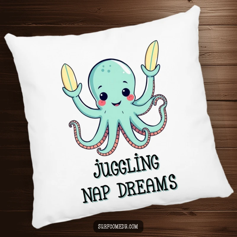 Soft funny pillow featuring a happy octopus juggling surfboards with its tentacles, ideal for relaxation.