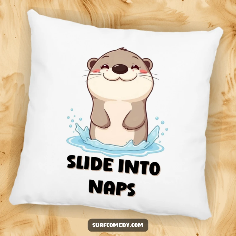 Soft funny pillow featuring a sea otter with a wide grin, sliding down a water spray, perfect for decor.