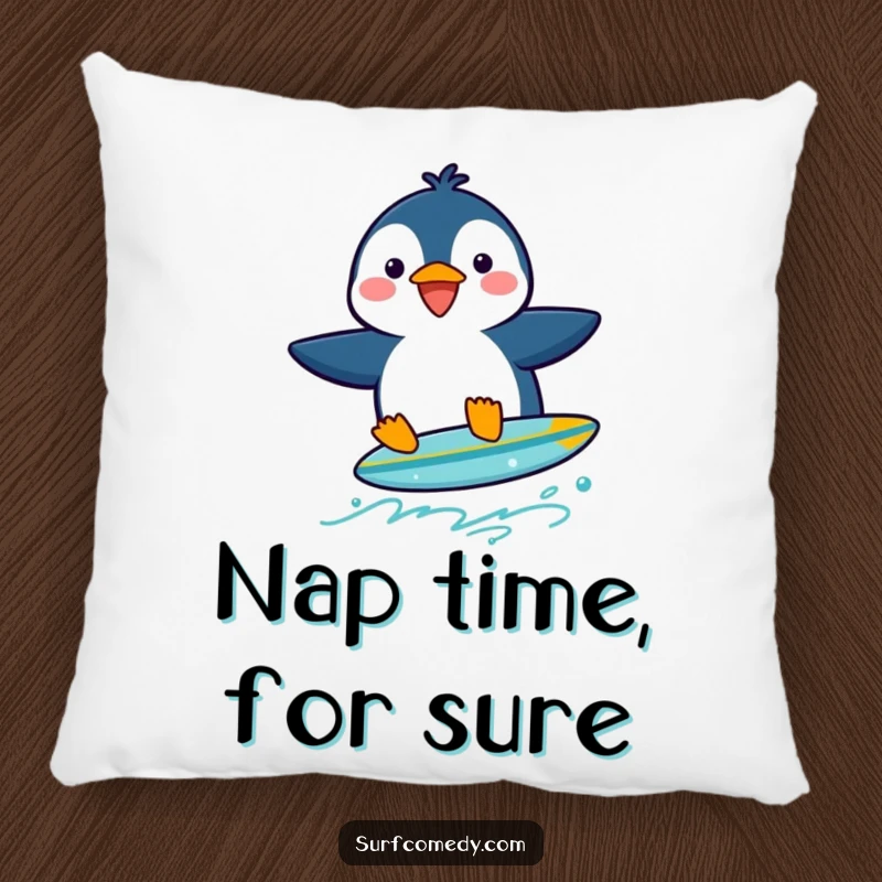 Funny penguin character on a surfboard, depicted on a plush pillow for ultimate comfort and laughs.