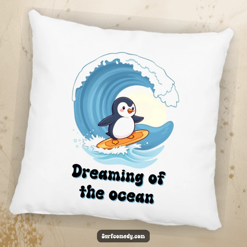 Funny penguin pillow, cute character surfing a surfboard, heading towards a giant wave, cozy decor, ideal funny gift.