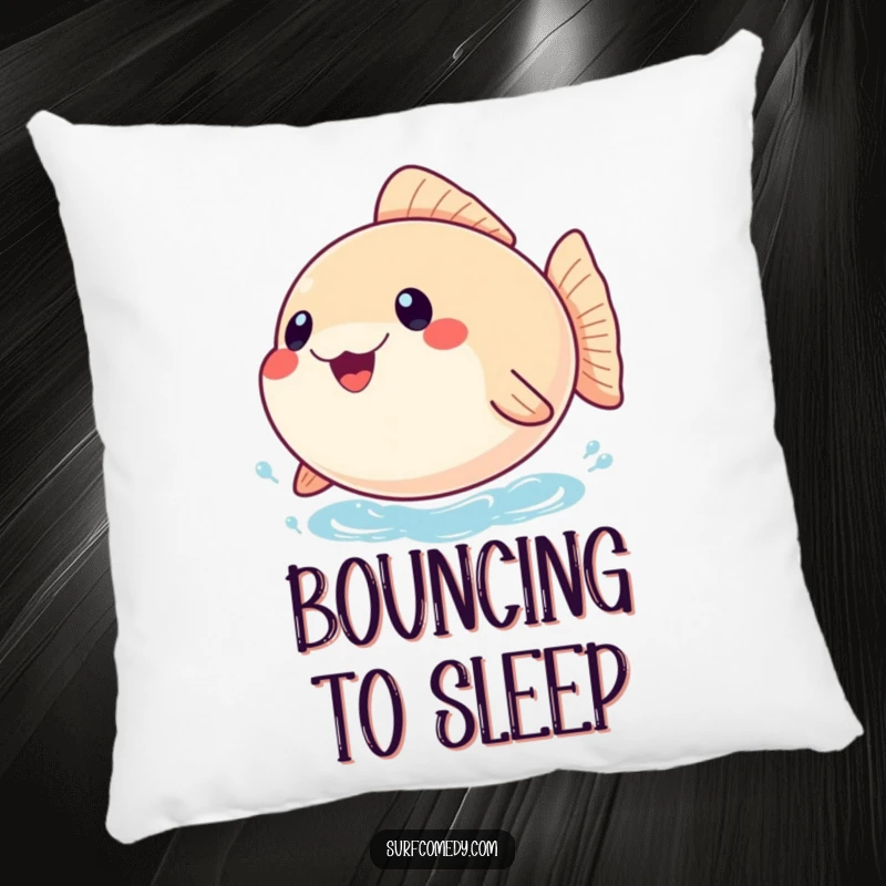 Funny pillow featuring a joyful, inflated pufferfish character bobbing on the water, ideal for adding a splash of cheerful humor to any seating area.