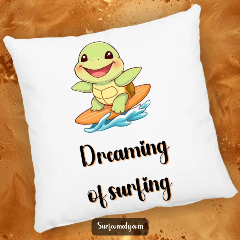 Funny cute sea turtle with a huge grin, riding a surfboard, on a soft and decorative pillow.