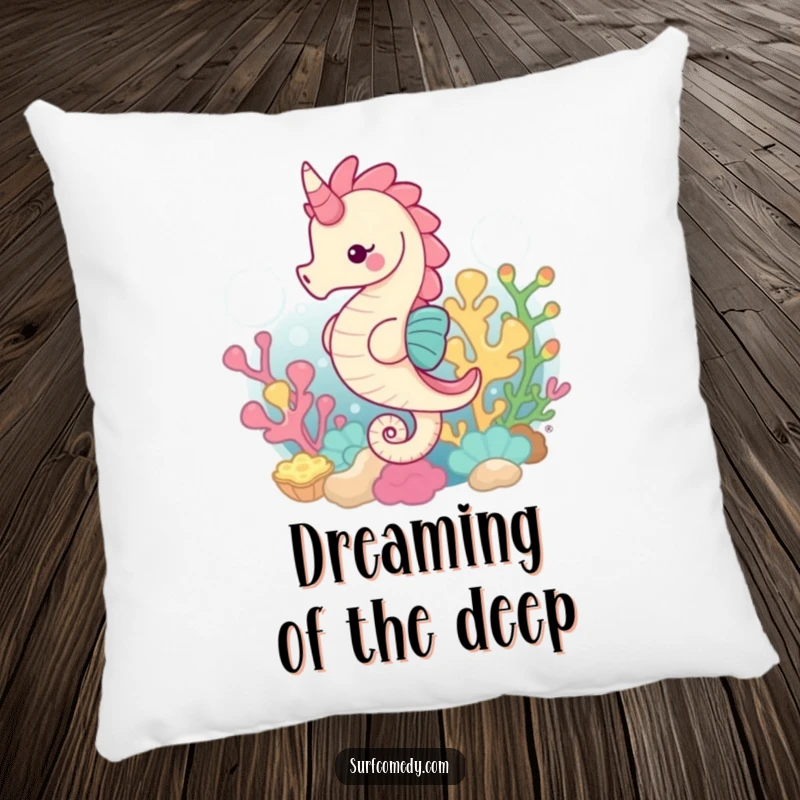 Funny decorative pillow showcasing a graceful seahorse swimming through a vibrant coral reef, perfect for comfort and decor.