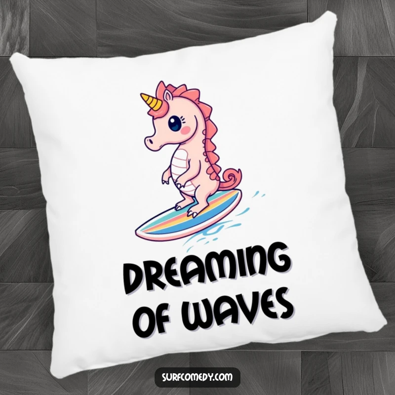 Funny Seahorse Pillow: A pillow featuring a cute seahorse character gleefully riding a tiny surfboard, offering soft ocean humor.
