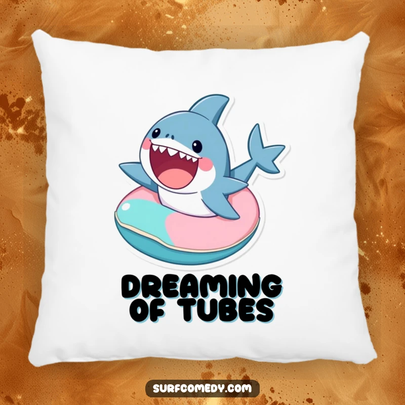 Soft funny pillow featuring a cute shark excitedly riding a tiny, colorful inner tube, perfect for decor.