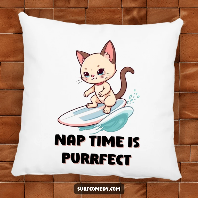 Funny Siamese Cat Surfer Pillow: A cool Siamese cat lounges on a surfboard, riding a gentle wave, offering comfort and feline humor.