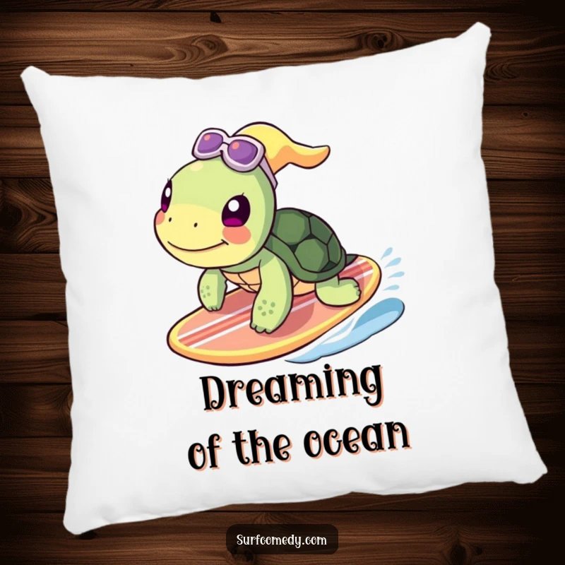 Funny turtle character comfortably resting on a surfboard, a soft and humorous pillow for ultimate relaxation.