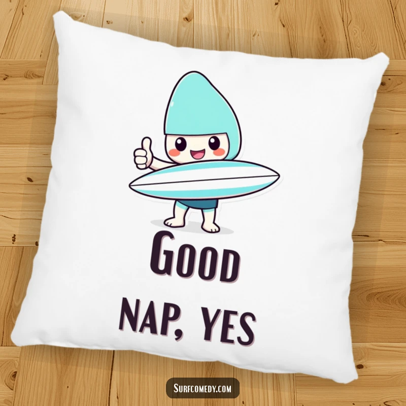 Funny Kawaii character pillow with surfboard giving a cheerful thumbs up, a perfect funny gift.