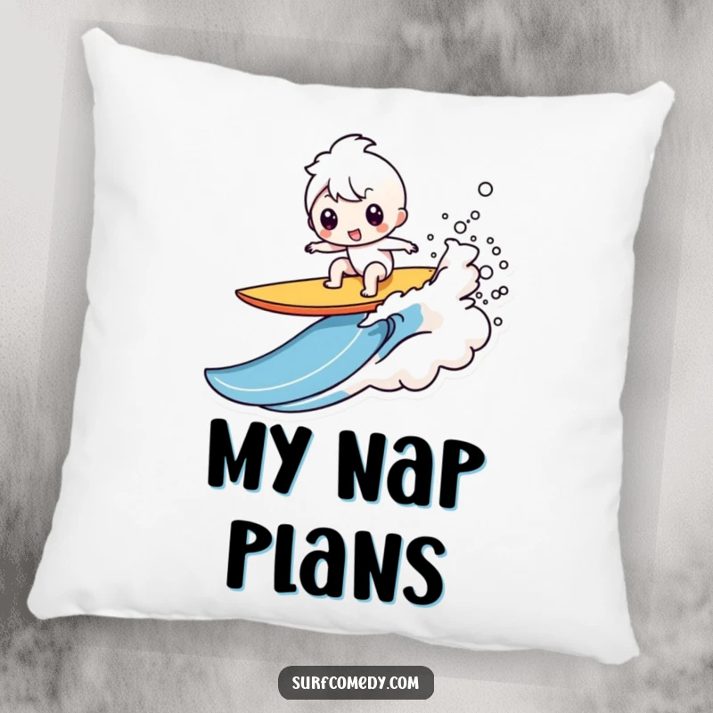 Funny Kawaii character pillow showing a comical surfboard wipeout with a splash, a perfect funny gift.