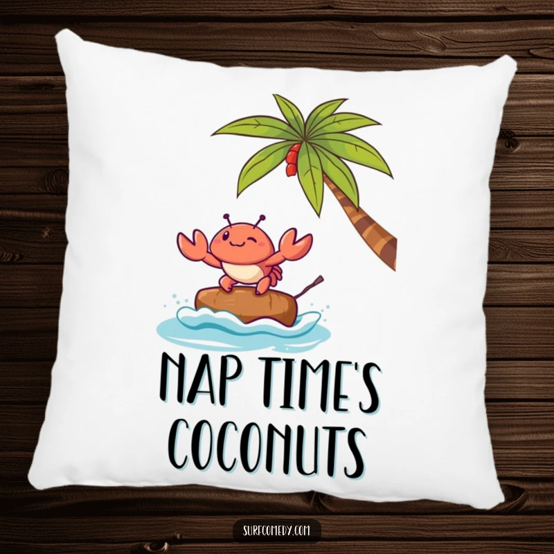 Funny pillow featuring a sweet Kawaii crab character trying to surf on a coconut, adding cute and comical flair.