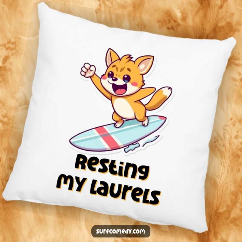 Funny victory pose pillow, a soft cushion with an animal in a triumphant surfing pose, perfect for relaxation and a funny gift.