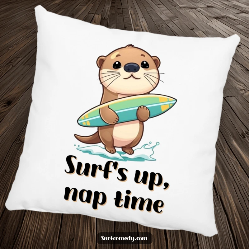 Funny sea otter balancing a surfboard on its nose, featured on a comfortable and humorous decorative pillow.