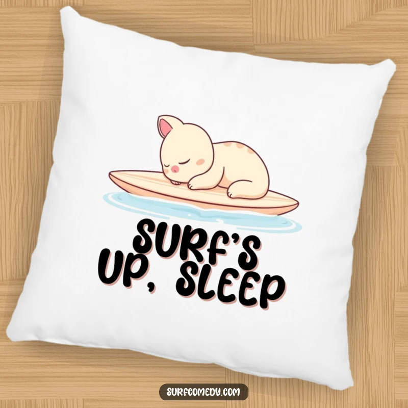 Funny pillow featuring a sleepy animal character peacefully napping on a surfboard in calm waters, offering comfort and humor.