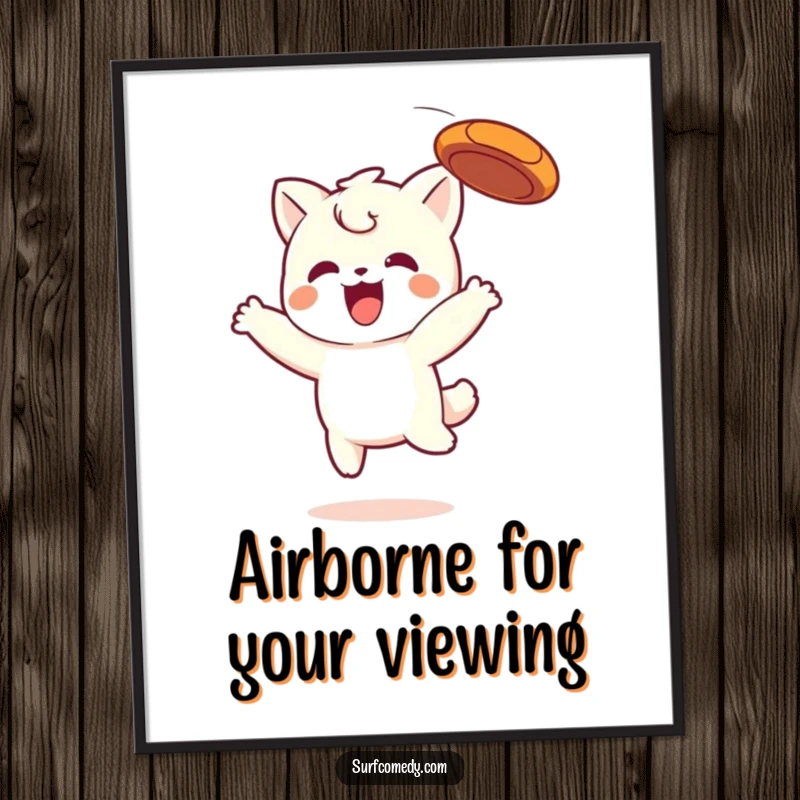 Funny Kawaii digital art print of a character leaping to catch a frisbee, capturing playful action and happiness.